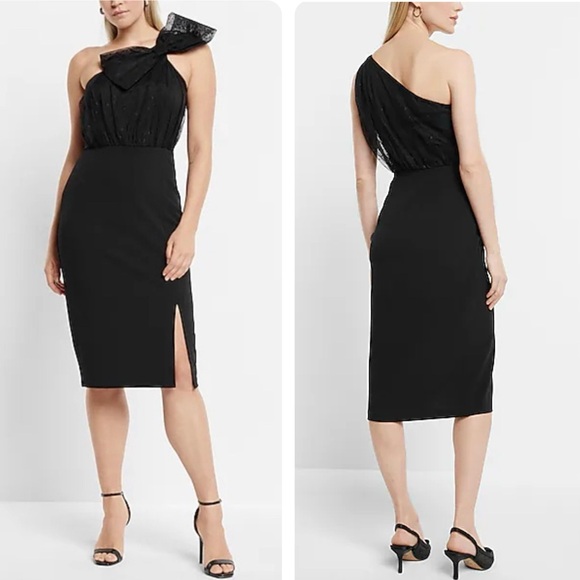 Express Black Mesh Polka Dot One Shoulder Bow Midi Sheath Dress size M - Picture 1 of 14